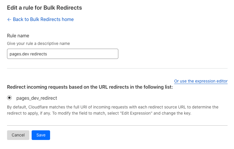 creating pages dev bulk redirects rule